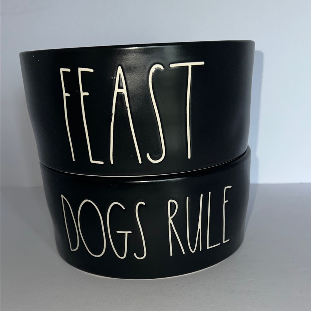 Rae Dunn Black Ceramic Dog Bowl Set - Feast & Dogs Rule - Picture 2 of 8